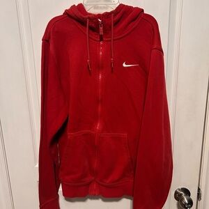 Nike Red Zip-Up Hoodie with White Trim and Swoosh Tag